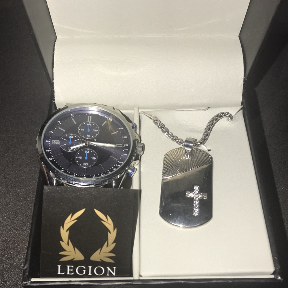 Legion silver toned watch and necklace set